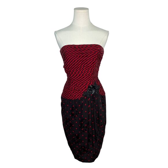 Vintage A.J. Bari Strapless Red & Black Striped Polka Dot Dress Szize 4 - Picture 1 of 8
